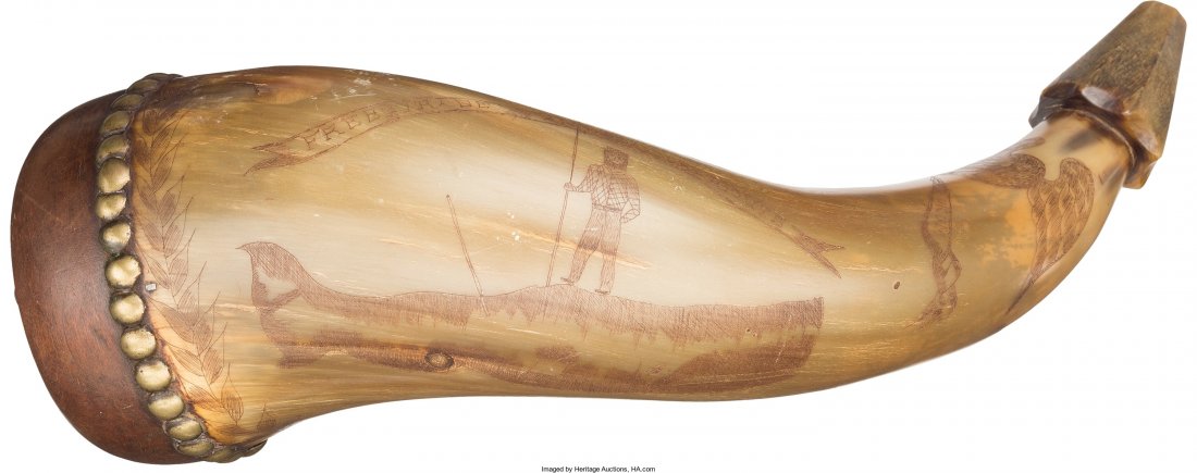 New Bedford Whaling: Sailor's Powder Horn. 12.5": New Bedford Whaling: Sailor's Powder Horn. 12.5" powder horn with scrimshawed designs. Th