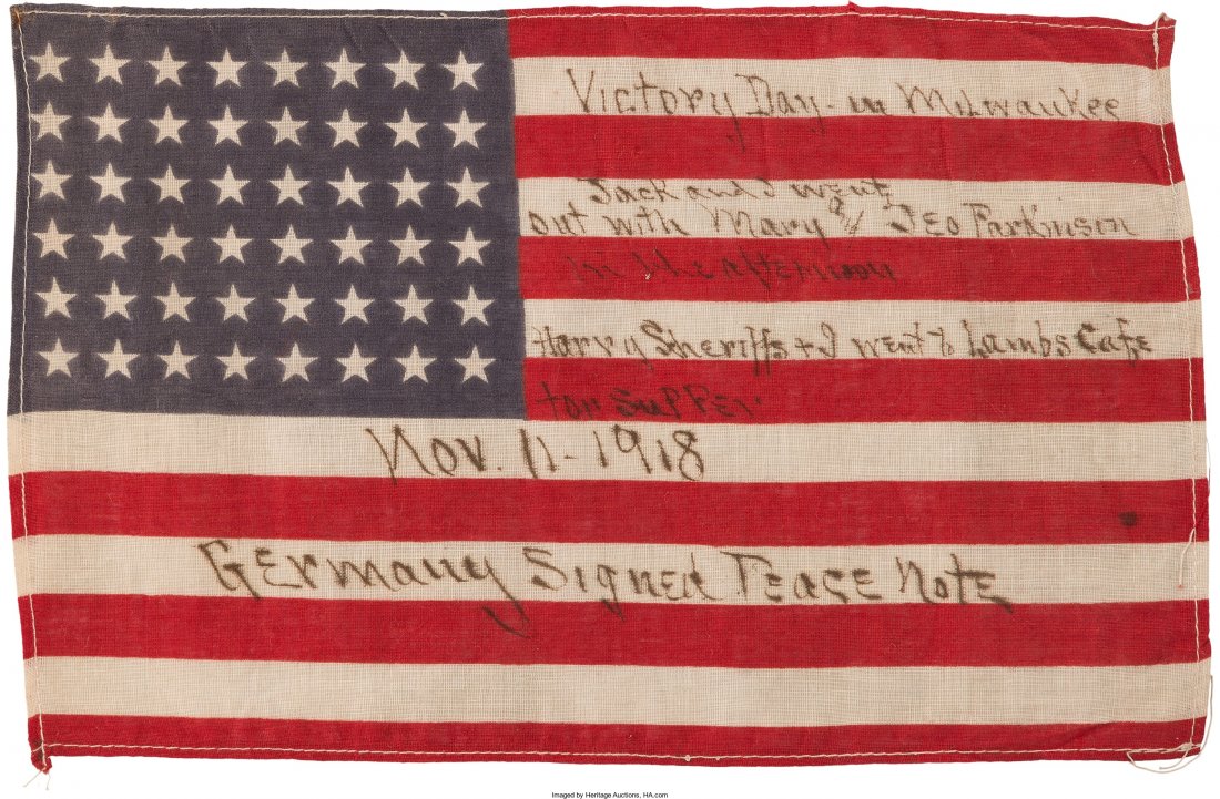 World War I: Armistice Day Flag. 7" x 11.25" 48-: World War I: Armistice Day Flag. 7" x 11.25" 48-star cotton flag inscribed in ink: "Victo