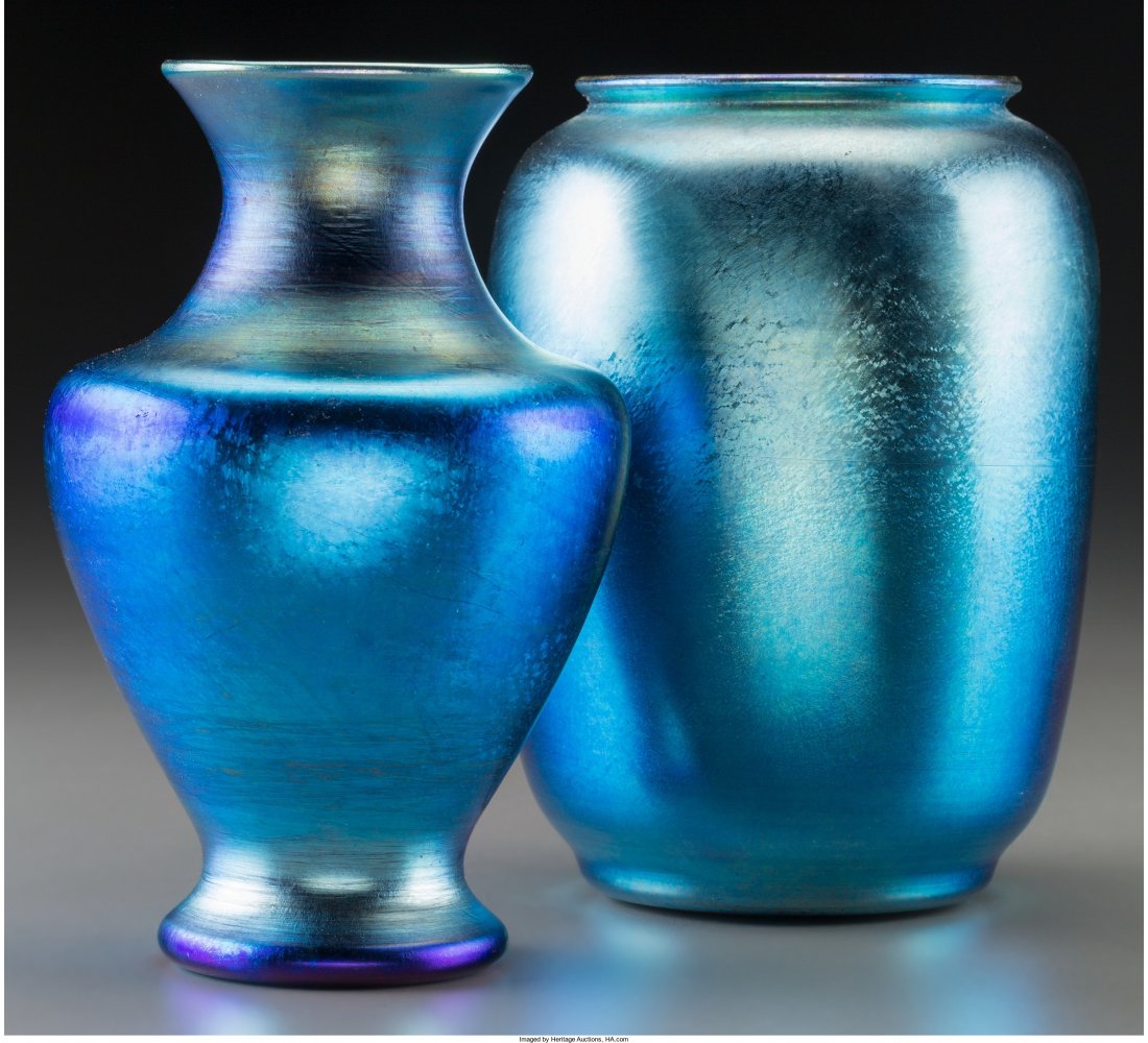 Tiffany Studios Blue Favrile Glass Vase with Dur: Tiffany Studios Blue Favrile Glass Vase with Durand Blue Iridescent Glass Vase Circa 1919 a