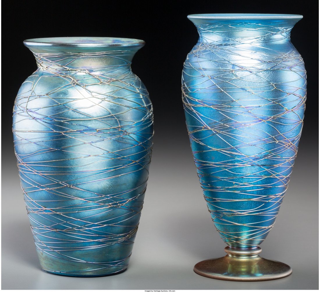 Two Durand Threaded Blue Lustre Glass Vases Circ: Two Durand Threaded Blue Lustre Glass Vases Circa 1915. Enameled DURAND, 2028Â½-8; 1812-