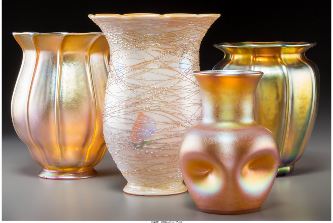 Three Quezal Gold and Iridescent Glass Articles: Three Quezal Gold and Iridescent Glass Articles with Steuben Gold Aurene Glass VaseCirca 1