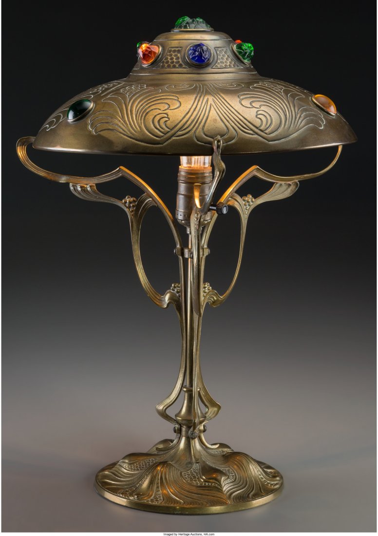 Austrian Art Nouveau Brass and Glass-Mounted Tab: Austrian Art Nouveau Brass and Glass-Mounted Table Lamp Early 20th century. Ht. 17-3/4 in.<