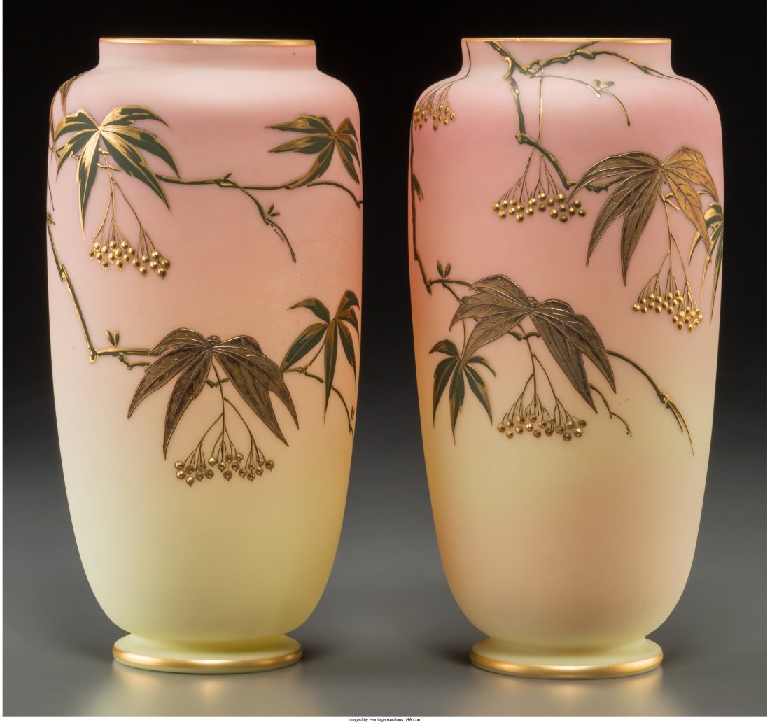 Pair of Thomas Webb & Sons Queen's Burmese Glass: Pair of Thomas Webb & Sons Queen's Burmese Glass VasesC
