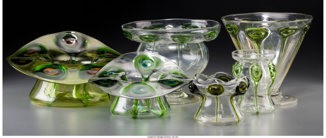 Six Glass Vessels with Applied Tadpole and Peaco: Six Glass Vessels with Applied Tadpole and 