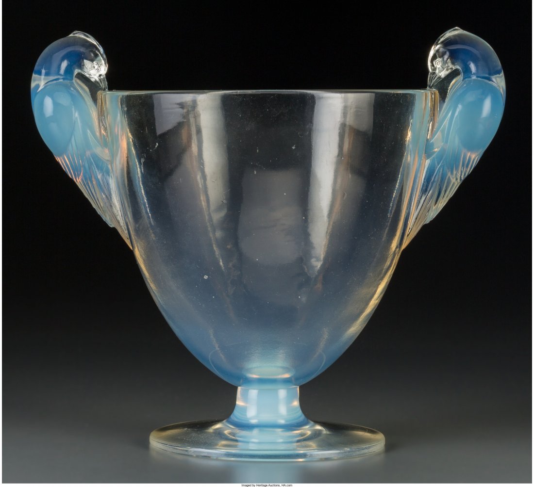 R. Lalique Opalescent Glass Ornis Vase Circa 192: R. Lalique Opalescent Glass Ornis Vase Circa 192