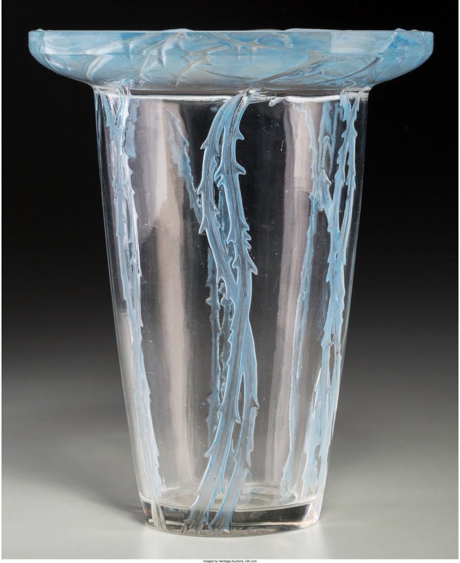R. Lalique Clear Glass Bordure Epines Vase with: R. Lalique Clear Glass Bordure Epines Vase with Blue Patina