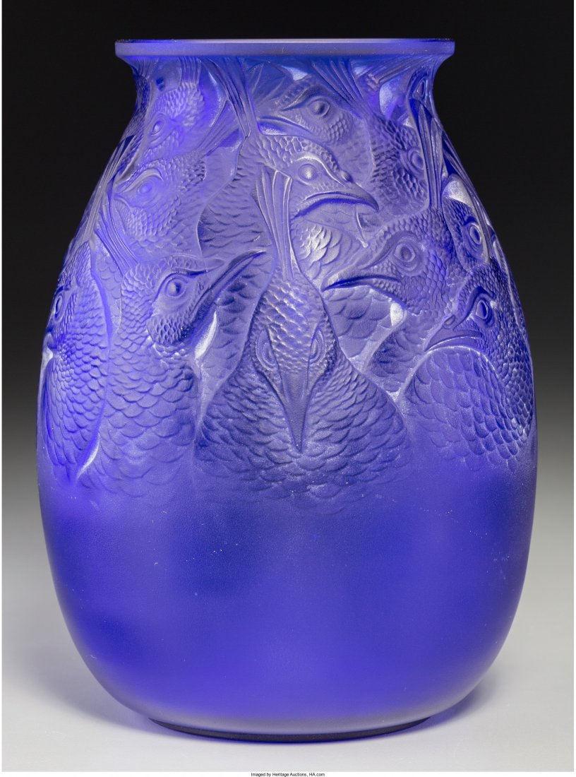 R. Lalique Peacock Blue Glass Borromee Vase Circ: R. Lalique Peacock Blue Glass Borromee Vase Circa 1928.