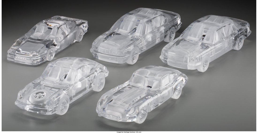 Five Daum Clear and Frosted Glass Cars Late 20th: Five Daum Clear and Frosted Glass Cars Late 20th century. Engraved Daum, France<