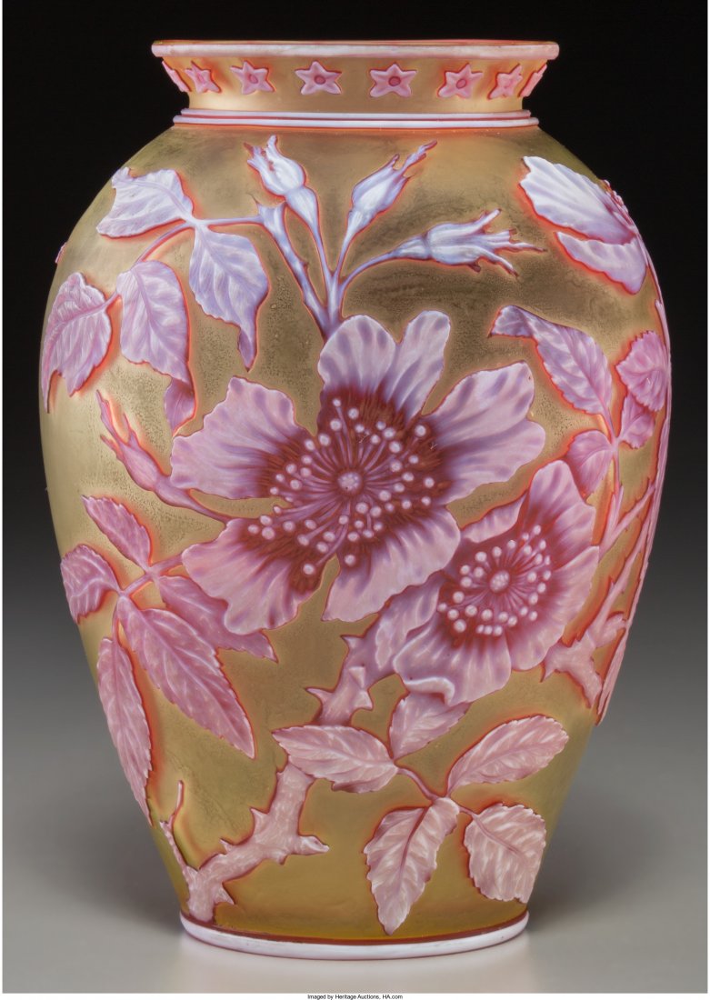 Thomas Webb & Sons Three-Color Overlay Glass Wil: Thomas Webb & Sons Three-Color Overlay Glass Wild Rose Vase </