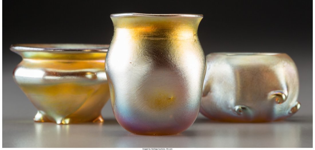 Two Tiffany Studios Gold Favrile Glass Salts and: Two Tiffany Studios Gold Favrile Glass Salts and Cabinet Vase Circa 1900. Engraved L.C.T