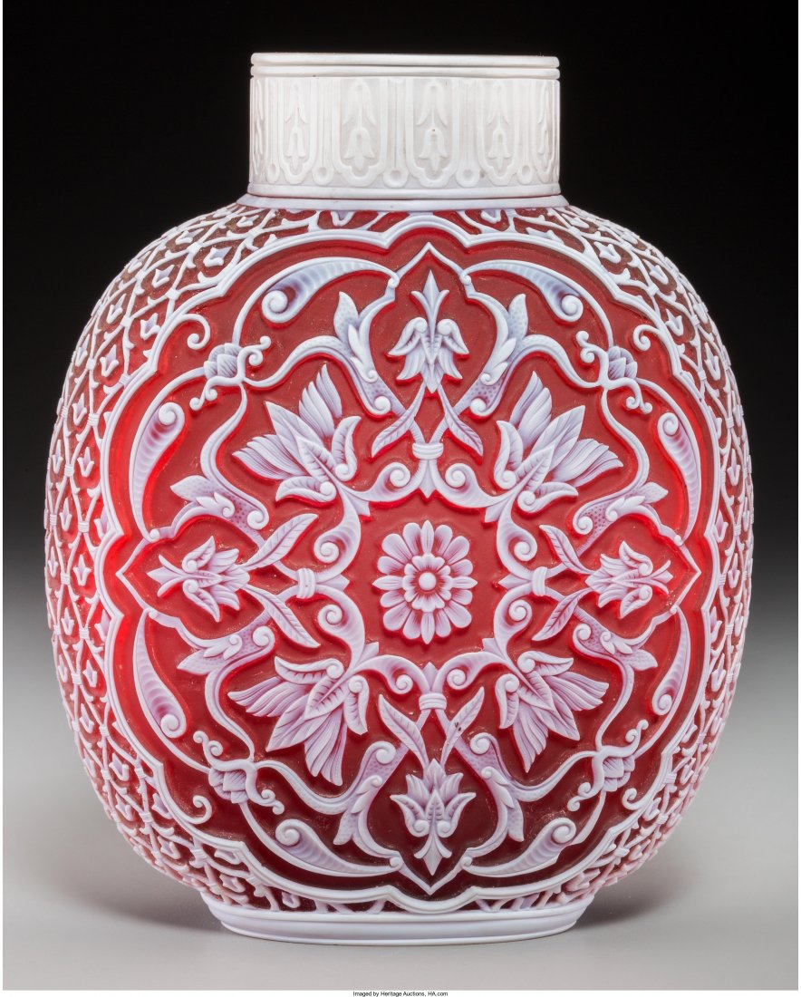 A Thomas Webb & Sons Red Cameo Glass 1889 Paris: A Thomas Webb & Sons Red Cameo Glass 1889 Paris Exposition Vase, designed by George and Thomas Woodall
