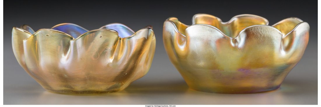 Two Tiffany Studios Gold Favrile Glass Bowls Cir: Two Tiffany Studios Gold Favrile Glass Bowls Circa 1900. Marks: L.C.T.; R3417