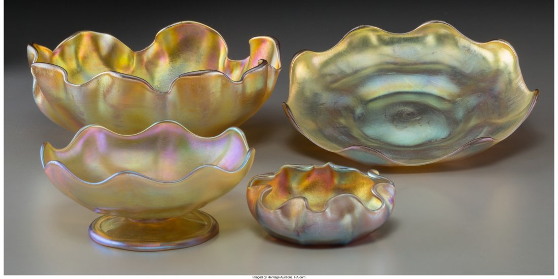 Four Tiffany Studios Gold Favrile Glass Bowls Ci: Four Tiffany Studios Gold Favrile Glass Bowls Circa 1900-1910. Engraved: L.C.T