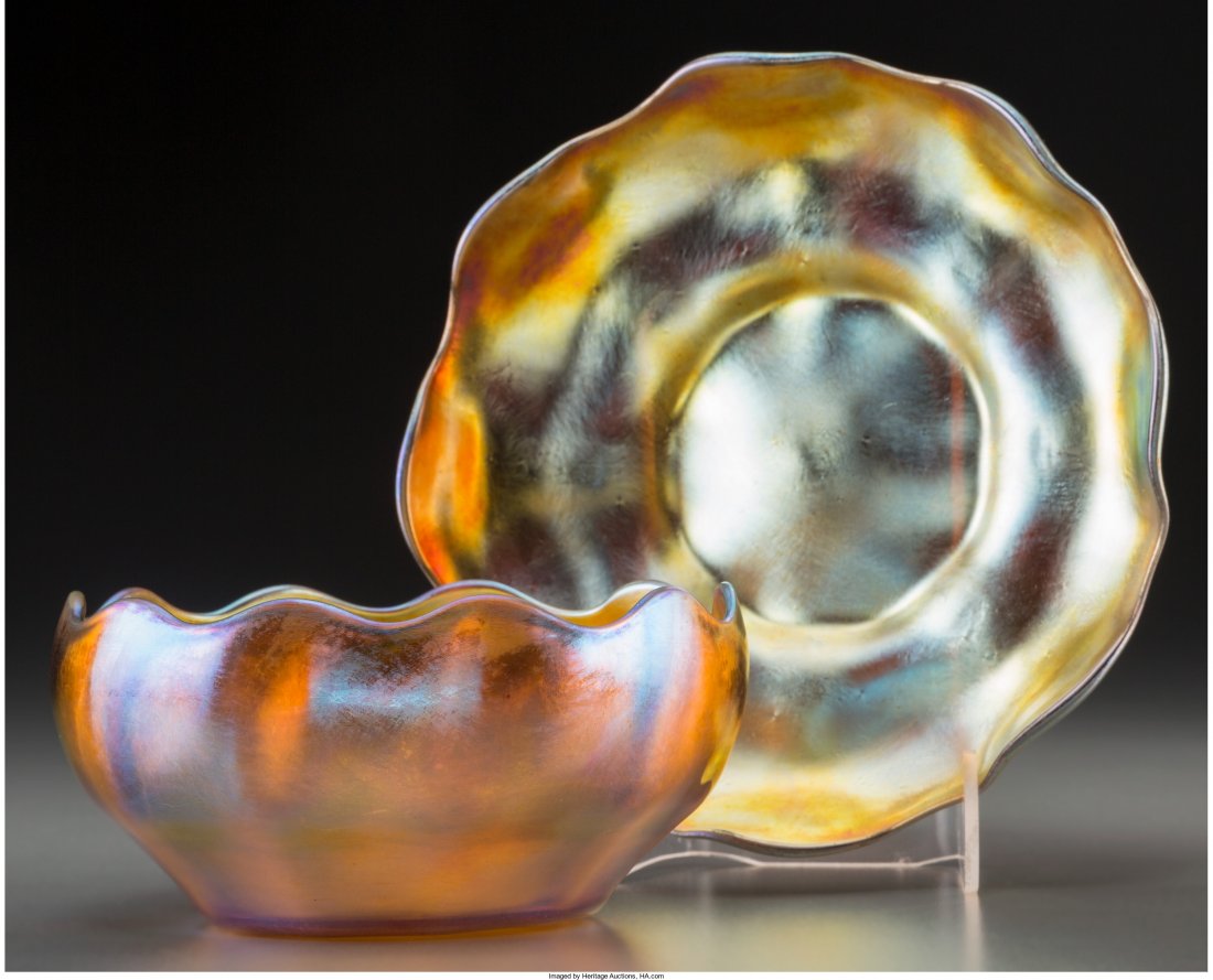 Tiffany Studios Gold Favrile Glass Bowl and Unde: Tiffany Studios Gold Favrile Glass Bowl and Underplate Circa 1900. Marks: L.C.T.
