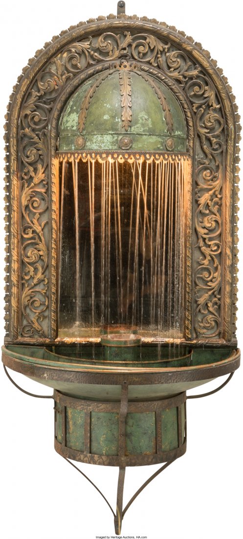 An American Wrought Iron, Bronze, and Copper Mir: An American Wrought Iron, Bronze, and Copper Mirrored Courtyard Fountain in the Manner of Oscar Bach</