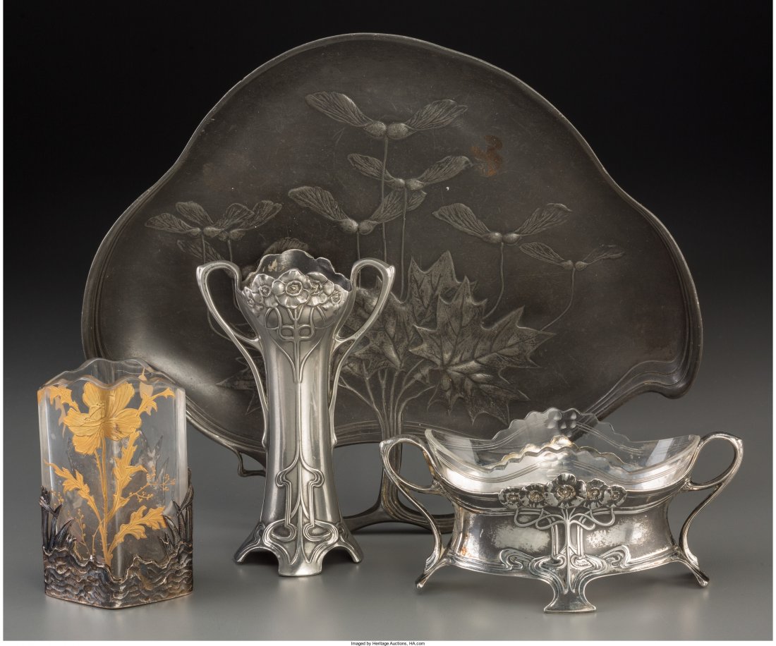 Four Art Nouveau Pewter, Silver-Plated, and Silv: Four Art Nouveau Pewter, Silver-Plated, and Silver-Mounted Table Articles Early 20th centur