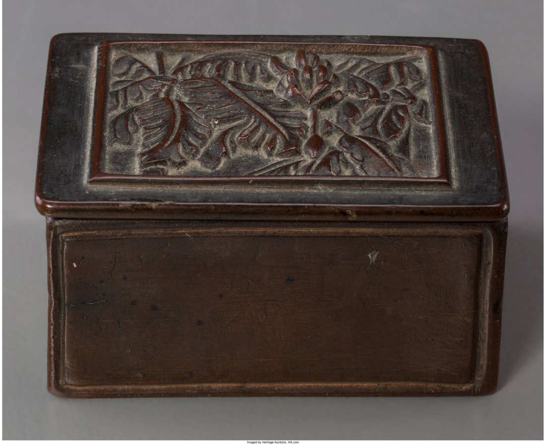 George Wood Tiffany Studios-Style Patinated Bron: George Wood Tiffany Studios-Style Patinated Bronze Stamp Box Sample Early 20th century. Mar