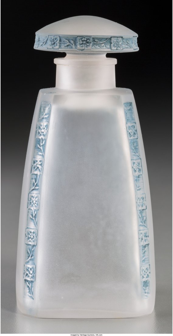R. Lalique Frosted Glass Fleurettes Perfume with: R. Lalique Frosted Glass Fleurettes Perfume with Blue Patin