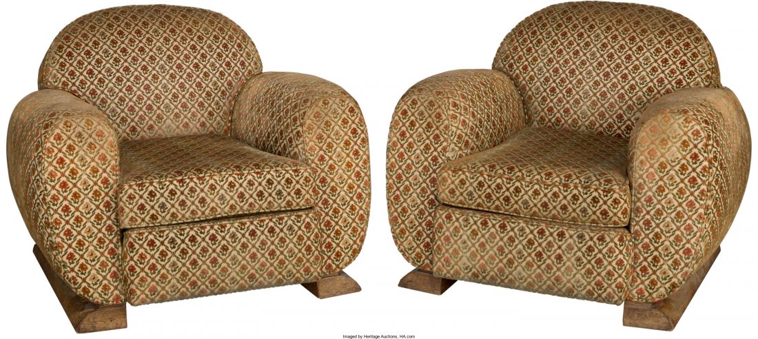 A Pair of Art Deco Upholstered Oak Armchairs Fir: A Pair of Art Deco Upholstered Oak Armchairs First half 20th century. Ht. 33 x 36-1/2 x 34-