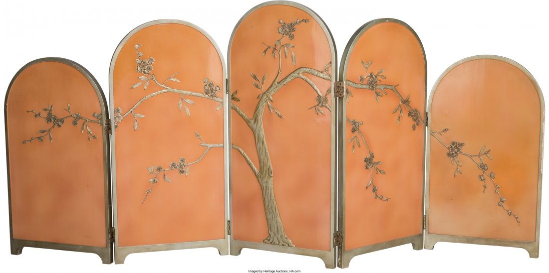 Art Deco Chinoiserie Painted Wood Folding Screen: Art Deco Chinoiserie Painted Wood Folding Screen, 20th century Ht. 47-3/8 x 106-3/4 x 1-1/4 in.