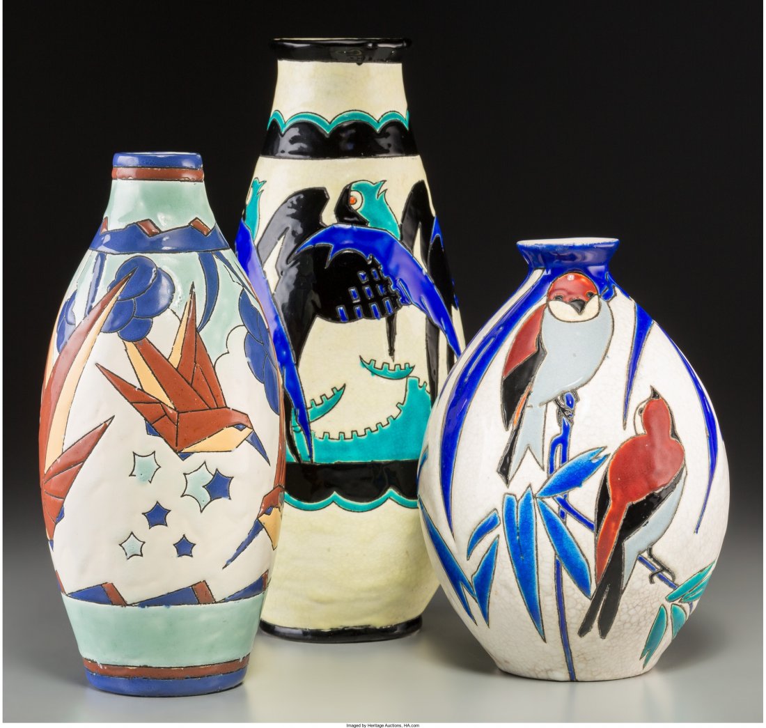 Three Charles Catteau for Boch Freres Enameled E: Three Charles Catteau for Boch Freres Enameled Earthenware VasesCirca 1930. Stamped and in