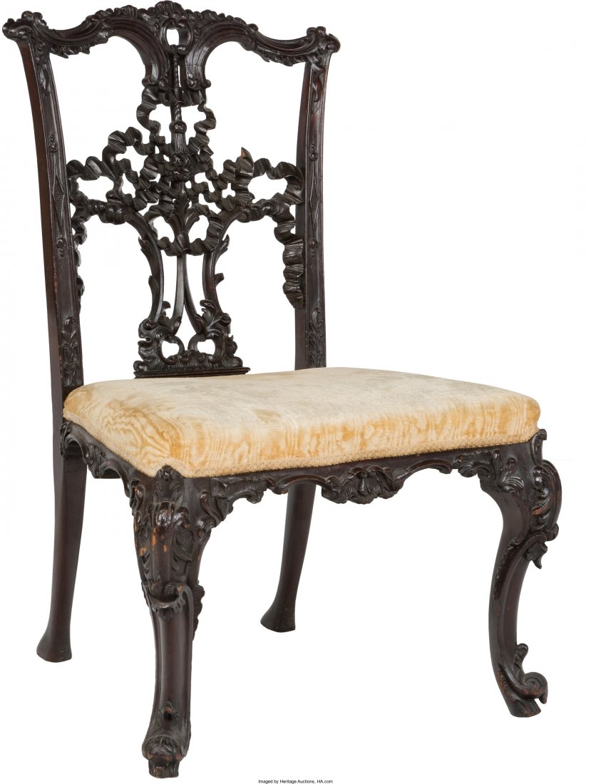 Six Carved Mahogany and Upholstered Ribboned-Bac: Six Carved Mahogany and Upholstered Ribboned-Back Side Chairs after a Design by Thomas Chippendale, 19