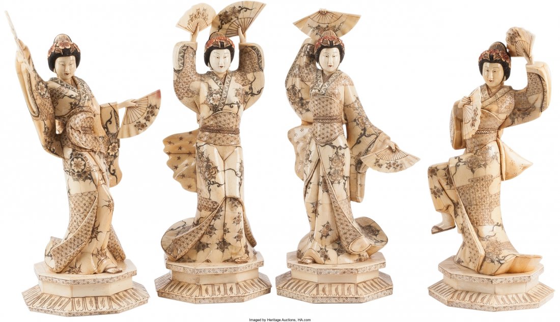 Four Japanese Carved Ox Bone Geisha Figures: Four Japanese Carved Ox Bone Geisha Figures, 20th century 18-1/2 h x 7-1/2 w x 7-1/2 d inches (47.0