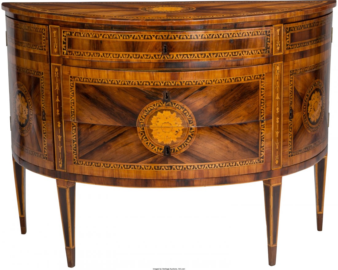 An Italian Neoclassical Marquetry Inlaid Demilun: An Italian Neoclassical Marquetry Inlaid Demilune Commode, early 19th century 36-1/2 h x 50