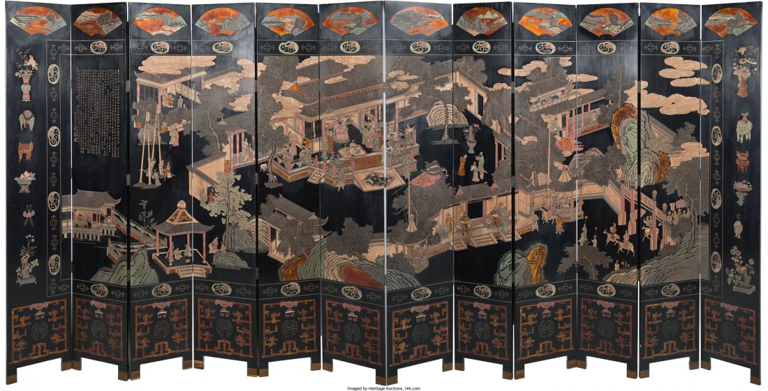 A Large Chinese Lacquered and Giltwood Folding S: A Large Chinese Lacquered and Giltwood Folding Screen, Qing Dynasty 107-3/4 inches high x 2