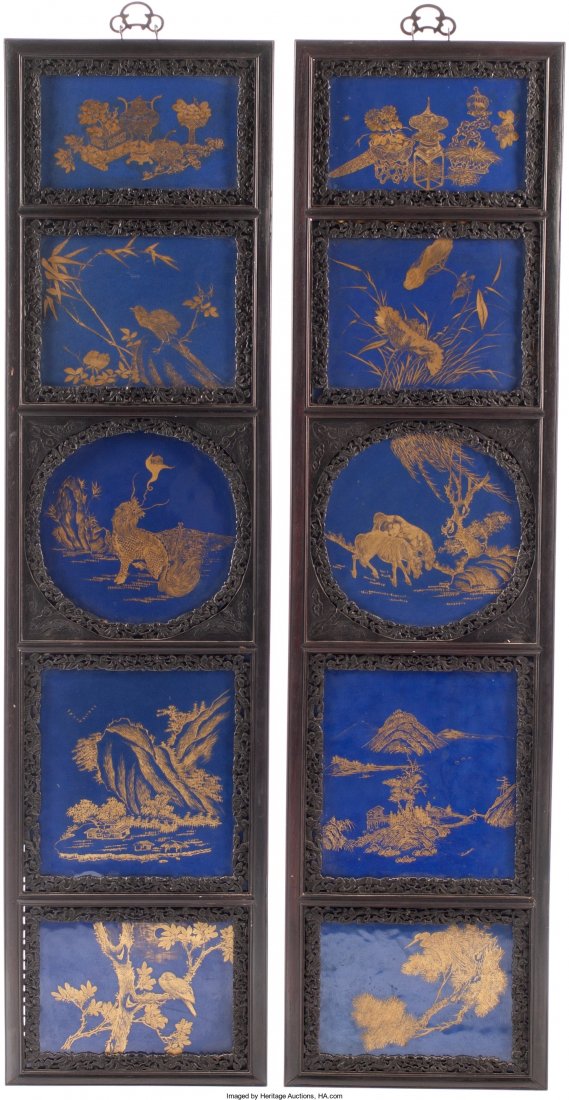 A Pair of Chinese Ebonized Wood and Partial Gilt: A Pair of Chinese Ebonized Wood and Partial Gilt Porcelain Panels 59-3/4 h x 15-1/2 w x 1-1