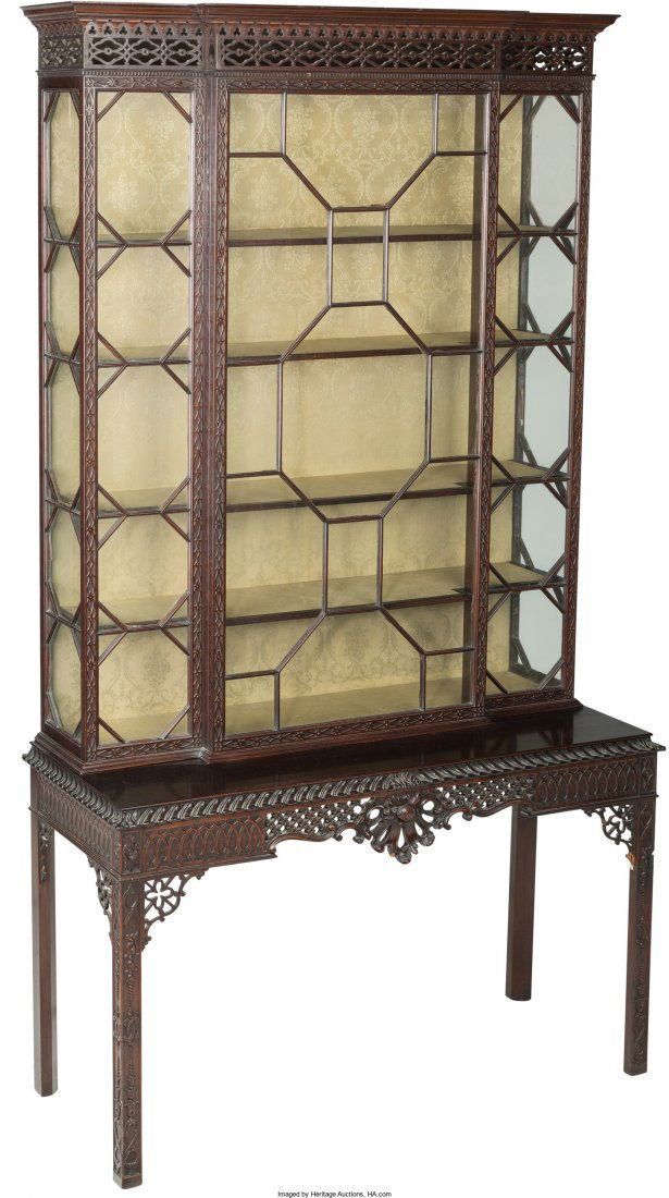 An English George II-Style Carved Mahogany Cabin: An English George II-Style Carved Mahogany Cabinet in the Manner of Thomas Chippendale, 19th c