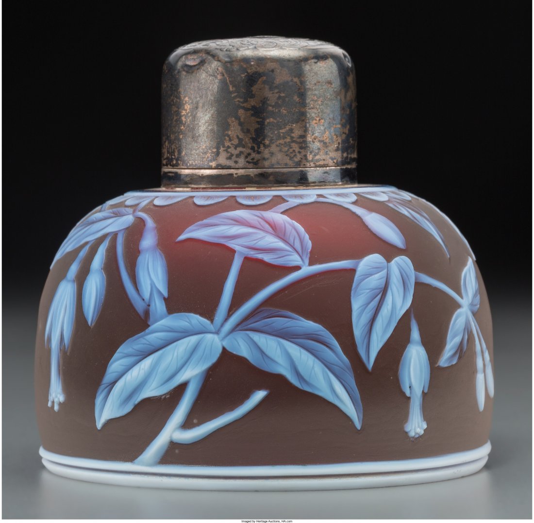 An English Cameo Glass and Silver-Plated Inkwell: An English Cameo Glass and Silver-Plated Inkwell attributed to Thomas Webb, late 19th-early 20th centu