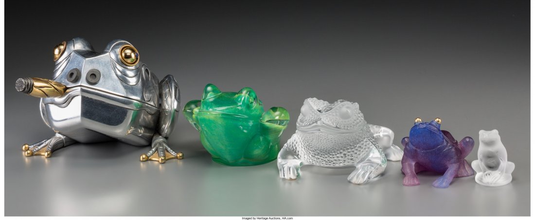 Five Glass and Metal Frog and Toad Figures, 20th: Five Glass and Metal Frog and Toad Figures, 20th centuryMakers including Lalique, Daum,