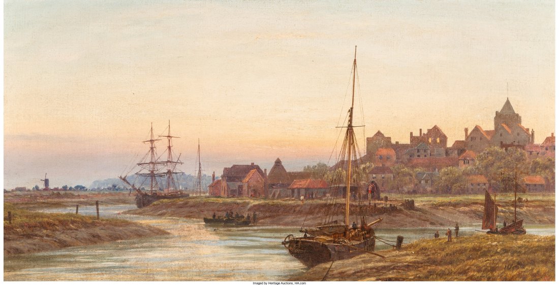 Continental School (19th Century) Port Town Oil : Continental School (19th Century) Port Town Oil on canvas 13-3/4 x 26 inch