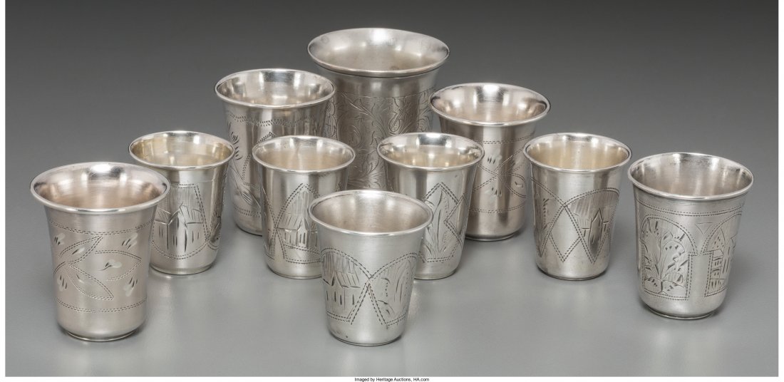 Nine Russian Silver Kiddish Cups, late 19th-earl: Nine Russian Silver Kiddish Cups, late 19th-early20th century Marks: (various) 2-1/4 inc