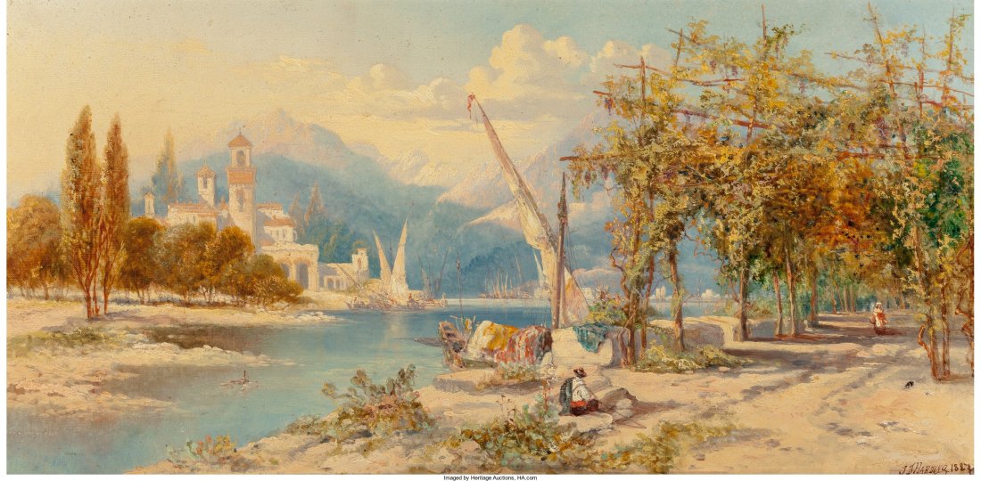 J D Harding (19th Century) Lago di Garda, 1887 O: J D Harding (19th Century) Lago di Garda, 1887 Oil on canvas 12 x 24-1/4 i