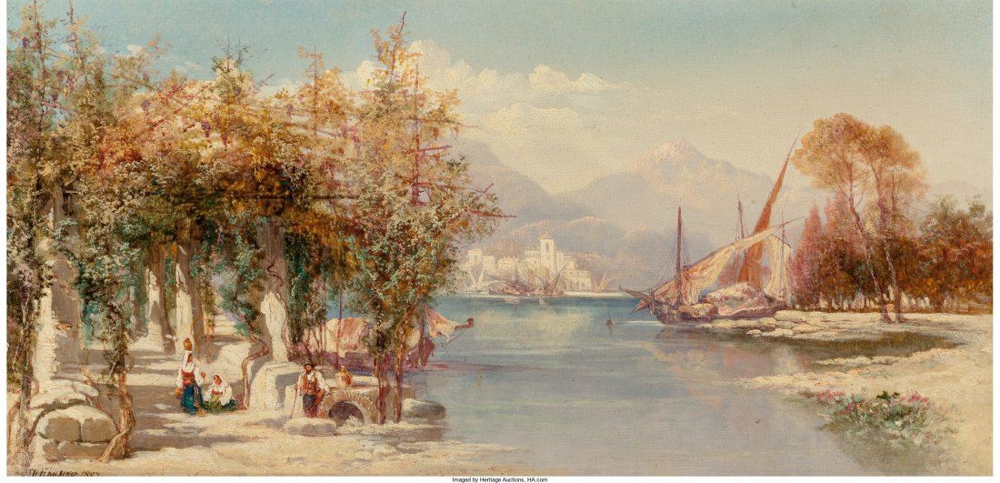 J D Harding (19th Century) Italian lake with sai: J D Harding (19th Century) Italian lake with sailboats and figures collecting water<