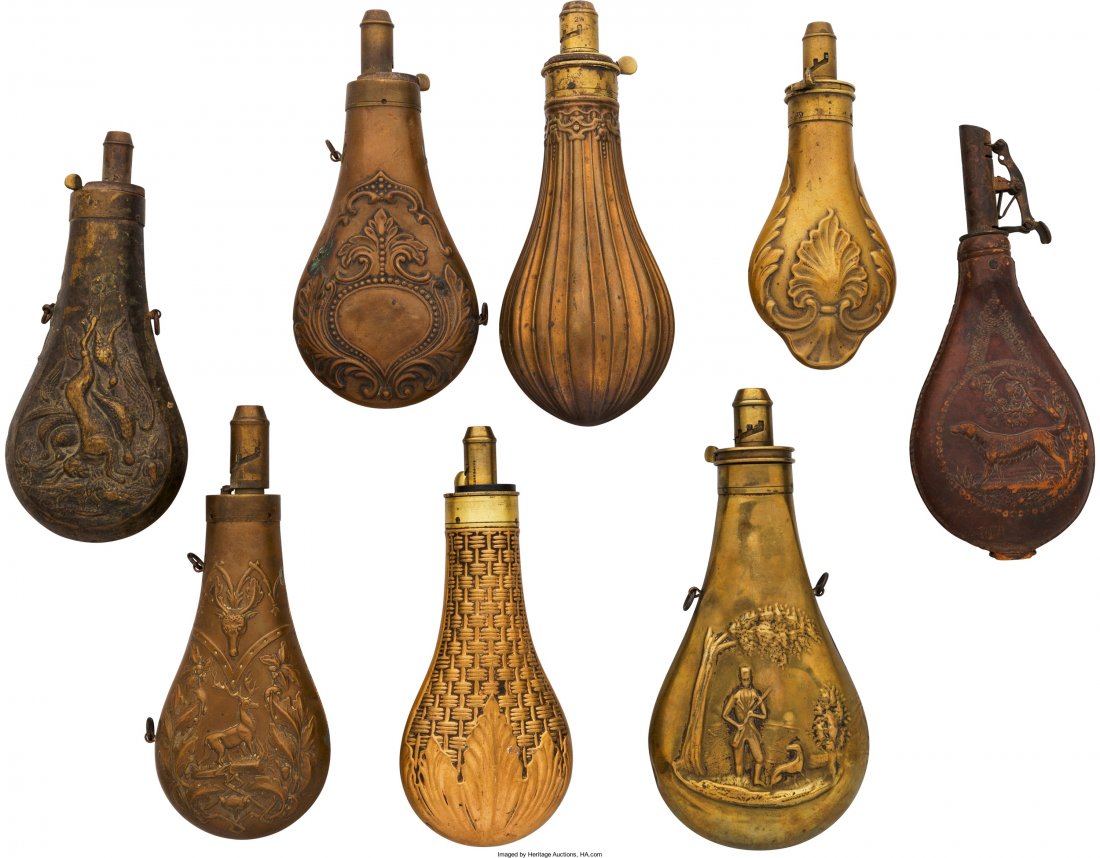 Lot of Eight Antique Powder Flasks. Comprising: Lot of Eight Antique Powder Flasks. Comprising: 1.) English G. & J. W. Hawksley, Sheffie