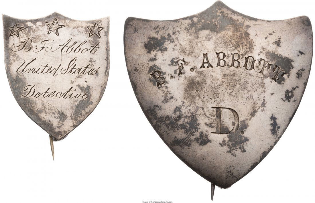 Pair of Civil War Era United States Detective Si: Pair of Civil War Era United States Detective Silver Shield Badges. The forerunner of