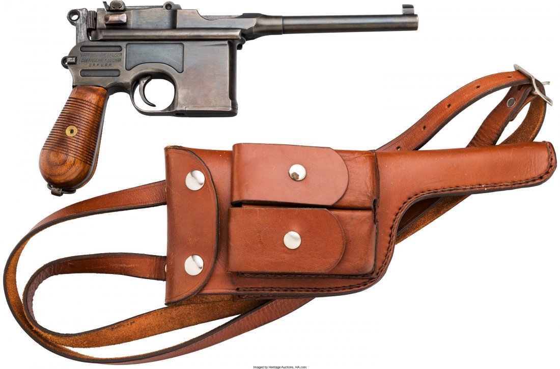 Mauser Model 96 Broomhandle Semi-Automatic Pisto: Mauser Model 96 Broomhandle Semi-Automatic Pistol with Leather Holster. Serial no. 89
