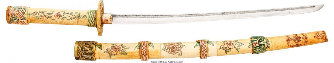Japanese Wakizashi in Bone Mounts Attributed to: Japanese Wakizashi in Bone Mounts Attributed to Masanobu.</