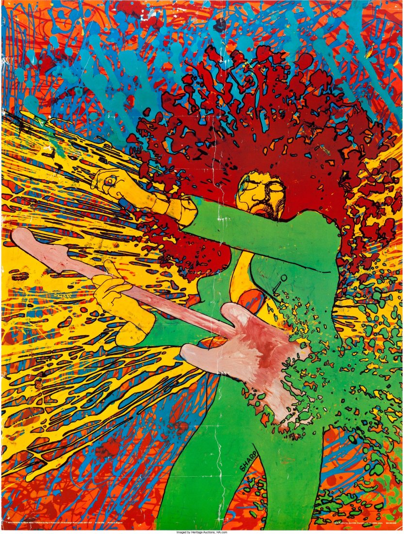 Jimi Hendrix Explosion Poster by Martin Sharp (1: Jimi Hendrix Explosion Poster by Martin Sharp (1968). Printed on white paper with white p