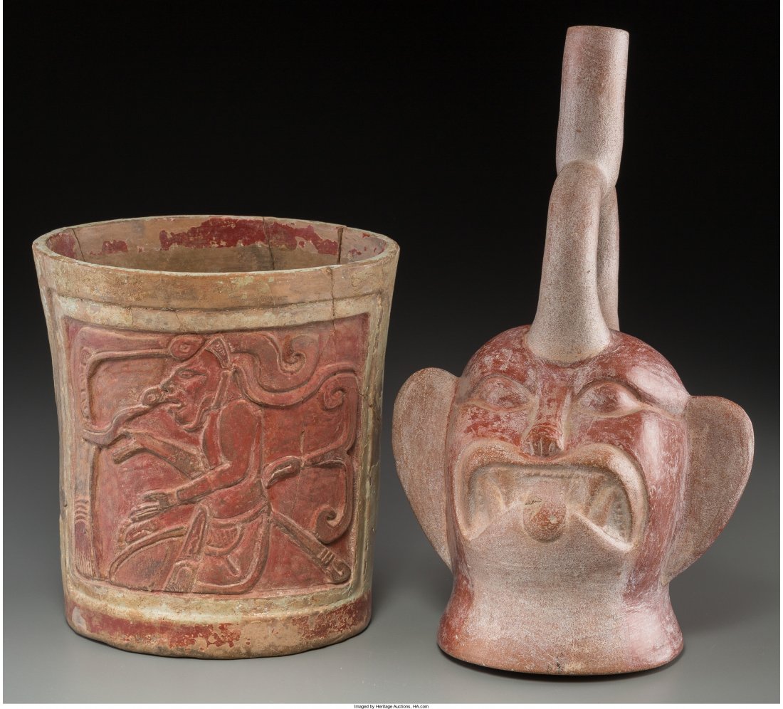 Two Pre-Columbian Items c. 600 - 900 AD Includ: Two Pre-Columbian Items c. 600 - 900 AD Including a Maya cylinder vase with two squ