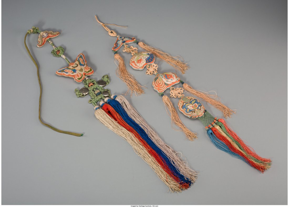Two Chinese Embroidered Silk Ornaments 20-1/8 in (1 of 2)