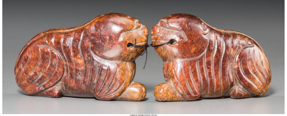 A Chinese Carved Brown Jade Tiger Tally, Ming Dy (1 of 3)