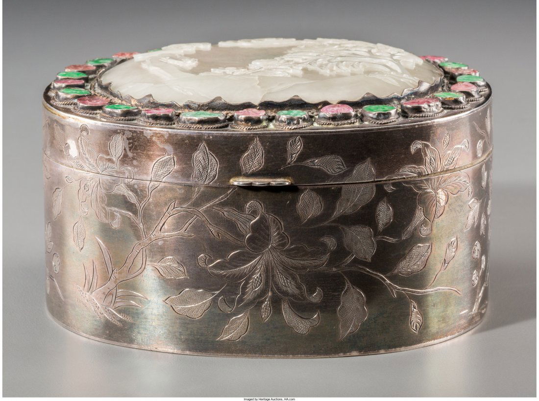 A Chinese Export Jade Plaque and Hardstone Mount (1 of 3)