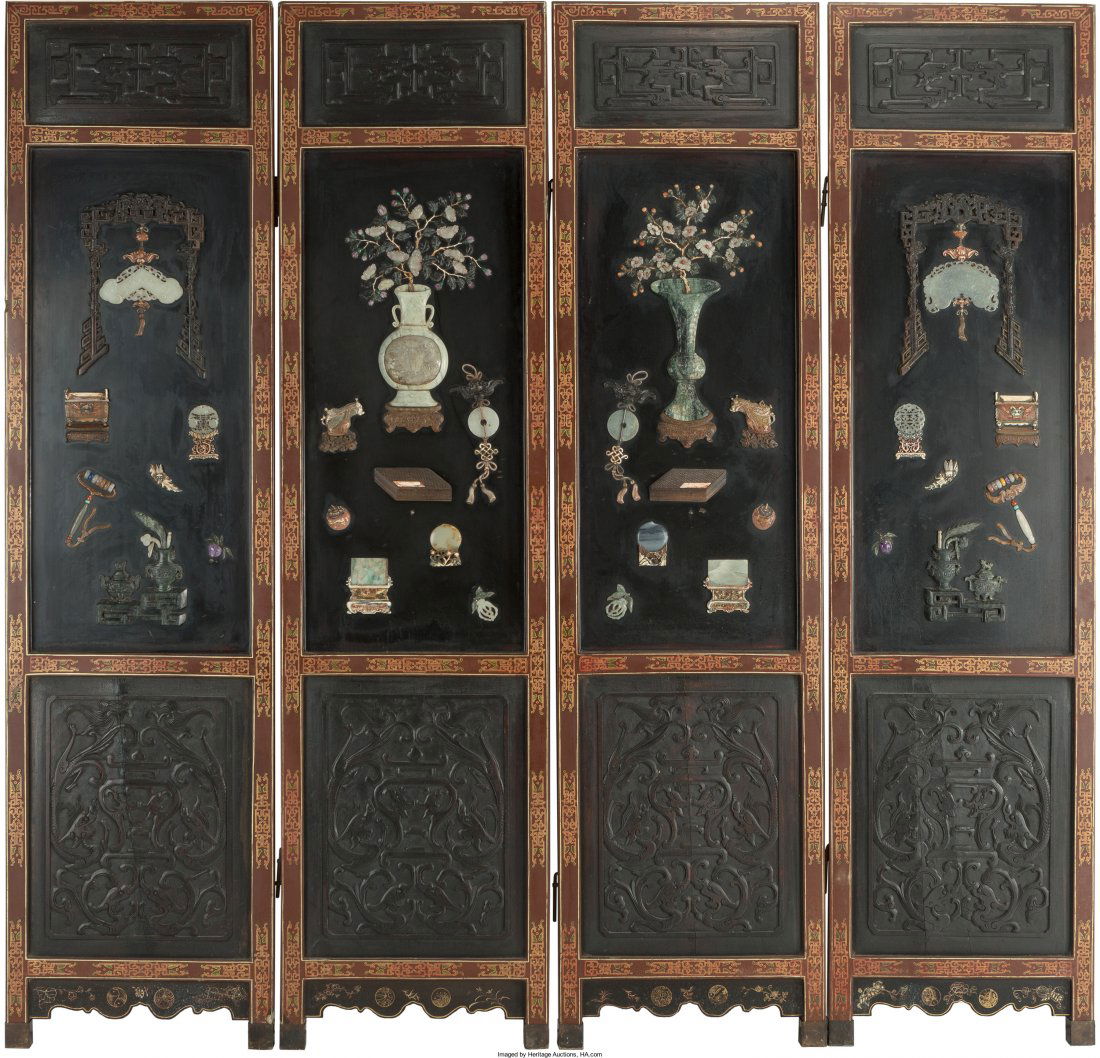 A Chinese Lacquered and Carved Wood Four-Panel R (1 of 1)