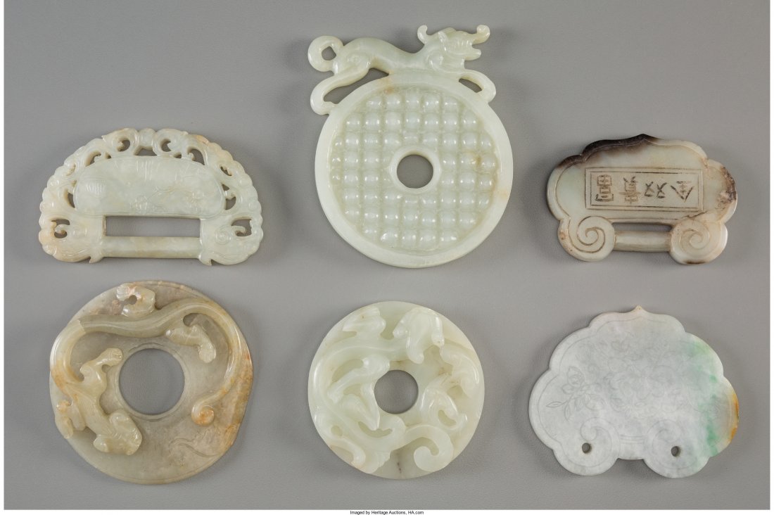Six Jade and Jadeite Buckles, Pendants, and Bi D (1 of 2)