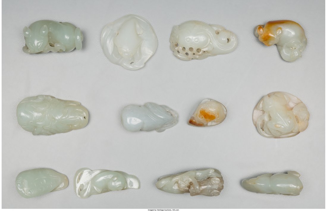 Twelve Chinese Carved Jade Toggles 1-3/4 inches (1 of 2)