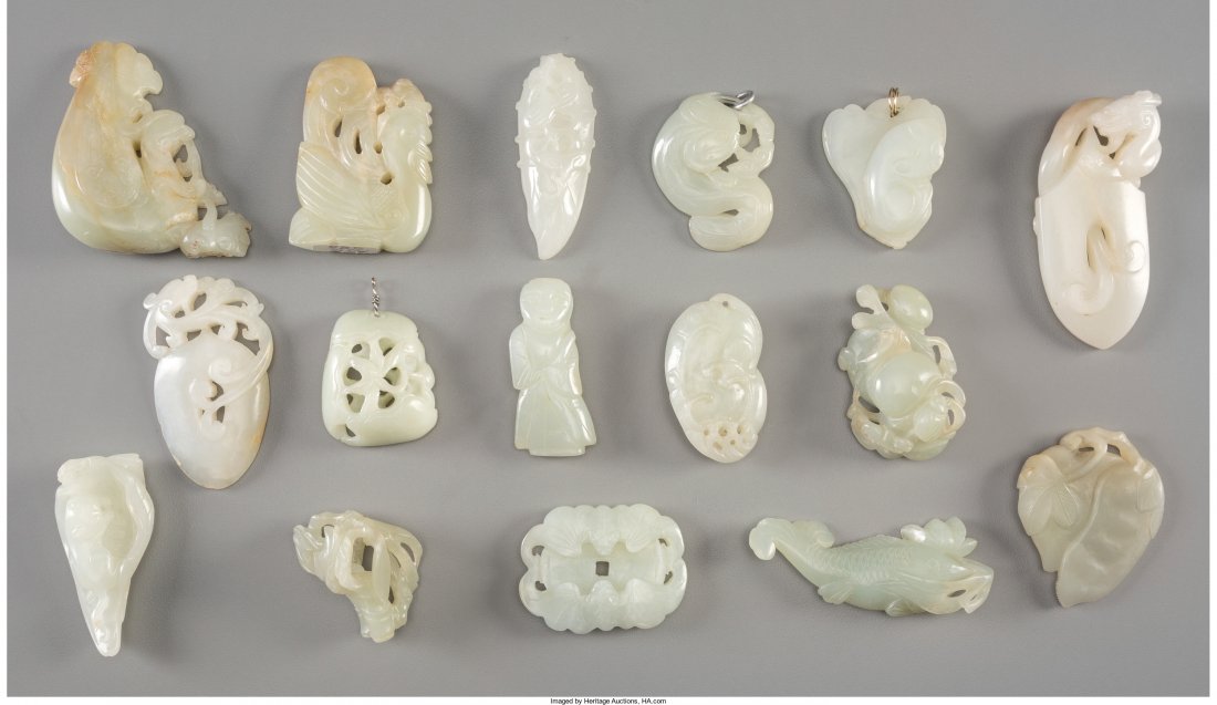 Sixteen Chinese Carved Jade Pendants and Toggles (1 of 2)